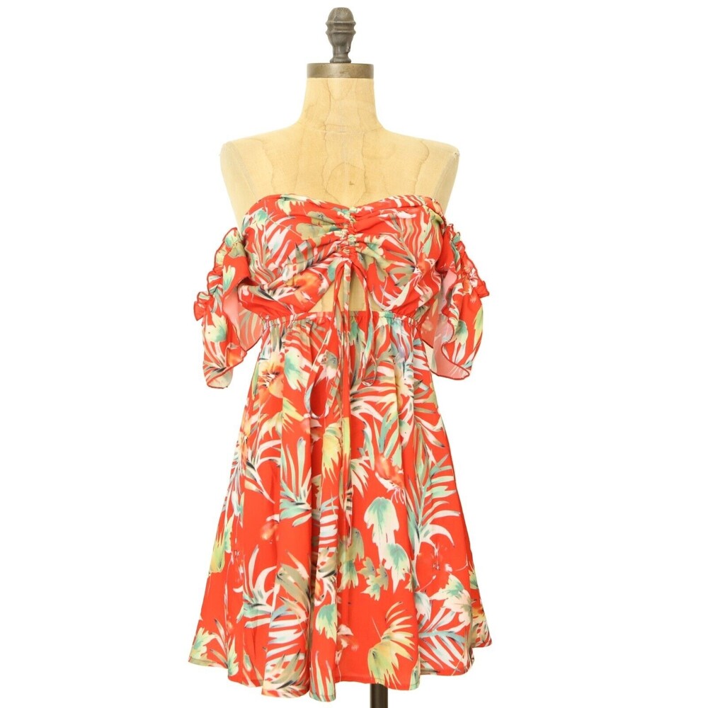 Area Stars Tropical Print Off Shoulder Dress Size M Red Cutout Fit Flare B56